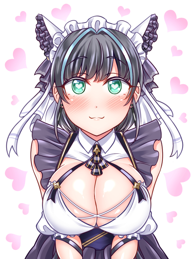 1girl :3 azur_lane blue_hair breasts cheshire_(azur_lane) cleavage detached_sleeves frilled_hairband frilled_headband frilled_ribbon frills green_eyes grey_hair hairband heart heart-shaped_pupils large_breasts long_ribbon looking_at_viewer mabo-udon maid_dress maid_headdress multicolored_hair puffy_detached_sleeves puffy_sleeves purple_apron ribbon smile solo streaked_hair symbol-shaped_pupils world_of_warships