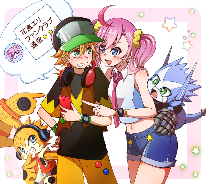 1girl 3boys :d ahoge appmon asuka_torajirou bangs bare_shoulders black_headwear black_shirt blonde_hair blue_eyes blue_shorts blush border breasts brown_vest cellphone clenched_teeth collared_shirt commentary_request cowboy_shot digimon digimon_universe:_appli_monsters dokamon eyebrows_visible_through_hair hair_between_eyes hair_ornament hair_scrunchie hand_on_hip hat headphones headphones_around_neck holding holding_phone karan_eri kon'no_haruka long_hair looking_at_another midriff multicolored_hair multiple_boys musimon navel necktie open_clothes open_mouth open_vest phone pink_border pink_hair pink_neckwear pointing purple_hair scrunchie shirt short_shorts short_sleeves shorts sidelocks simple_background sleeveless sleeveless_shirt smartphone smile standing starry_background sweatdrop teeth translation_request twintails vest watch whisker_markings white_background white_shirt wristwatch yellow_scrunchie yellow_shorts