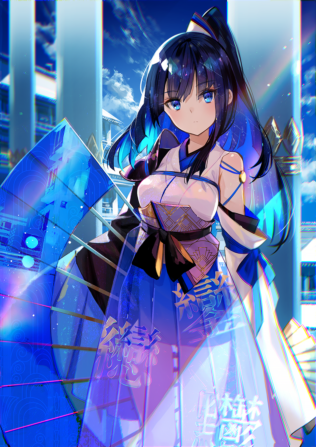 1girl architecture armpit_crease bare_shoulders black_hair blue_eyes blue_hair blue_theme breasts closed_mouth cloud colored_inner_hair detached_sleeves dusk east_asian_architecture expressionless fan folding_fan fuji_choko gradient hakama_skirt high_ponytail highres japanese_clothes kimono long_hair long_sleeves looking_at_viewer medium_breasts multicolored_hair obi original ponytail sash shade sidelocks sky sleeves_past_fingers sleeves_past_wrists solo standing sunlight two-tone_hair wide_sleeves