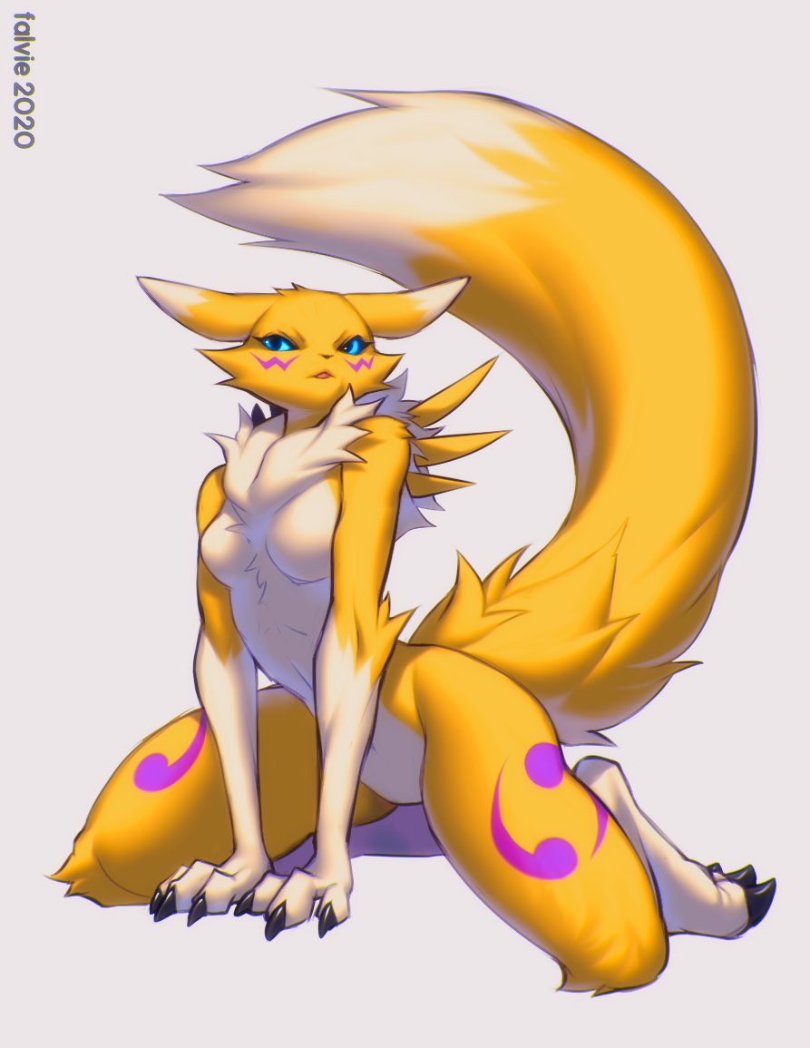 2020 anthro blue_eyes breasts chest_tuft digimon digimon_(species) dipstick_ears dipstick_tail facial_markings falvie featureless_breasts featureless_crotch female fluffy fluffy_tail fur gloves_(marking) head_markings markings multicolored_ears multicolored_tail nude pinup pose renamon simple_background solo tuft white_body white_fur yellow_body yellow_fur