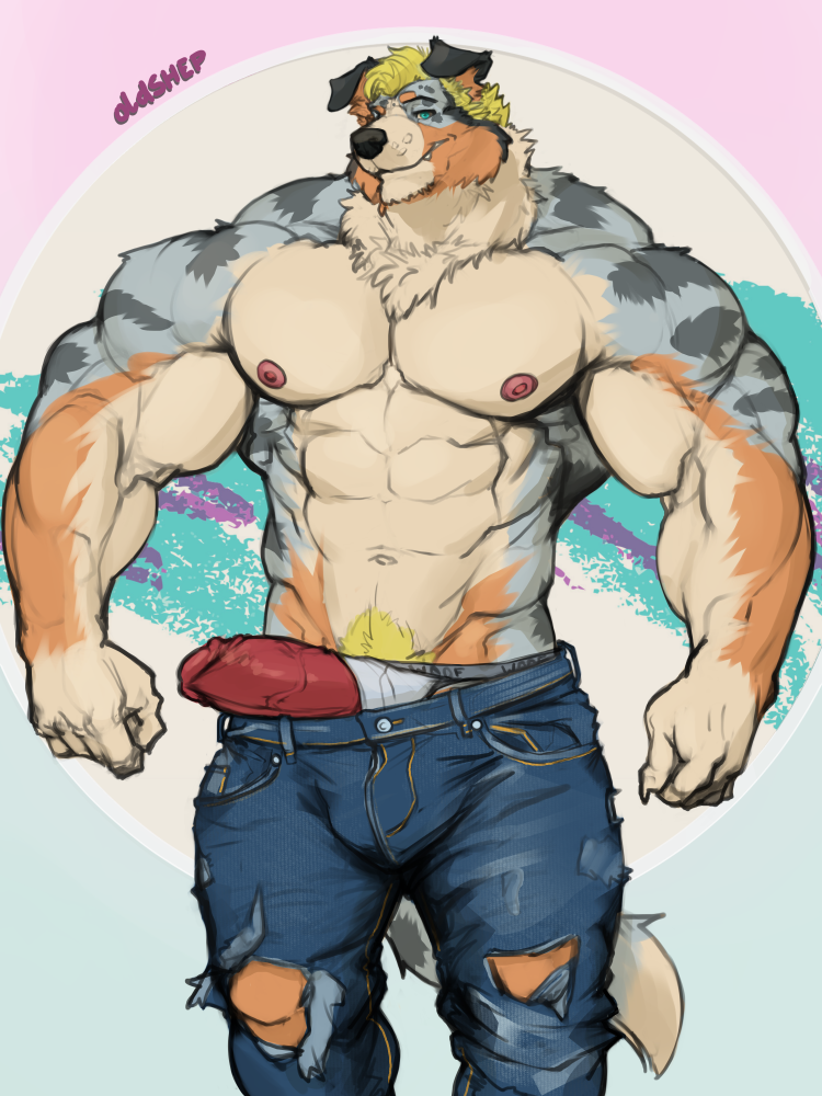 2020 3:4 anthro big_muscles bottomwear bulge canid canine canis clothed clothing collie domestic_dog droopy_ears erection eyewear eyewear_on_head floopy_ears genitals half-closed_eyes herding_dog huge_muscles jeans looking_at_viewer male mammal mane muscular muscular_anthro muscular_male narrowed_eyes oldshep pants pastoral_dog penis poking_out sheepdog solo standing sunglasses sunglasses_on_head thick_penis topless topless_male torn_bottomwear torn_clothing torn_jeans torn_pants underwear