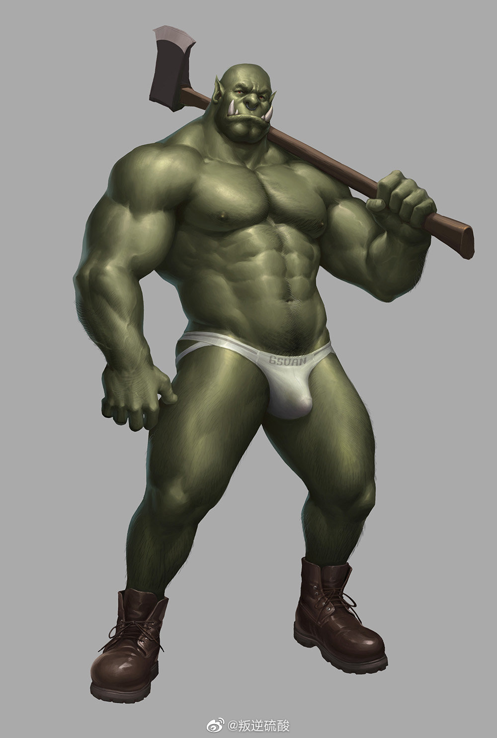 5_fingers 6suan abs areola axe biceps big_muscles body_hair boots brown_eyes bulge clothed clothing eyebrows fingers footwear genital_outline green_areola green_body green_nipples green_skin hi_res humanoid_pointy_ears jockstrap looking_at_viewer male melee_weapon muscular muscular_male navel nipples not_furry orc pecs penis_outline pubes quads serratus simple_background solo standing topless triceps tusks underwear v-cut weapon