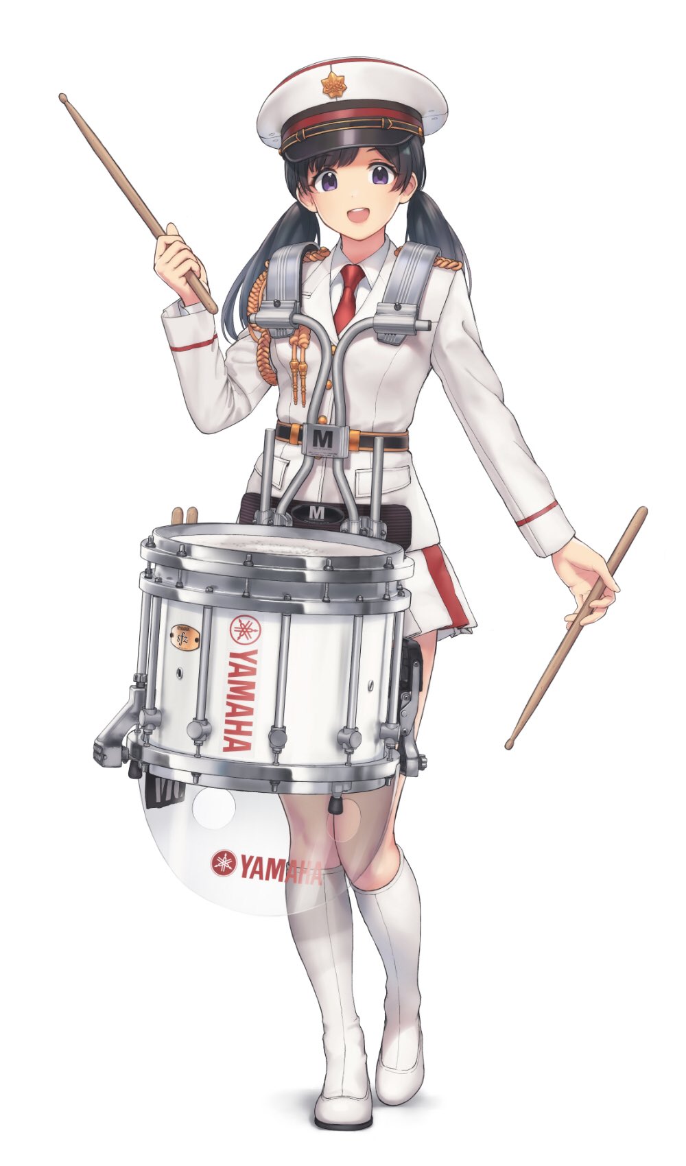 1girl aiguillette belt black_hair boots collared_shirt drum drumsticks full_body genso hat highres holding instrument jacket long_hair long_sleeves looking_at_viewer marching_band military military_uniform miniskirt necktie open_mouth original peaked_cap pleated_skirt product_placement purple_eyes red_neckwear shirt simple_background skirt smile snare_drum solo standing teeth twintails uniform white_background white_footwear white_headwear white_jacket white_shirt white_skirt yamaha