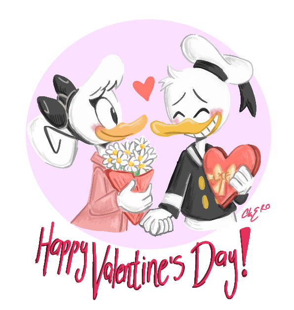 &lt;3 2020 accessory aliasing anatid anseriform avian beak bird bouquet box_of_chocolates candy chocolate clothed clothing daisy_duck disney donald_duck duck ducktales ducktales_(2017) duo english_text eyebrows eyes_closed female food grin hair_accessory hair_bow hair_ribbon hand_holding hat headgear headwear holding_bouquet holding_object holiday_message holidays looking_at_another male male/female raised_inner_eyebrows rechicken-and-waffles ribbons romantic_couple simple_background smile text valentine's_day yellow_beak