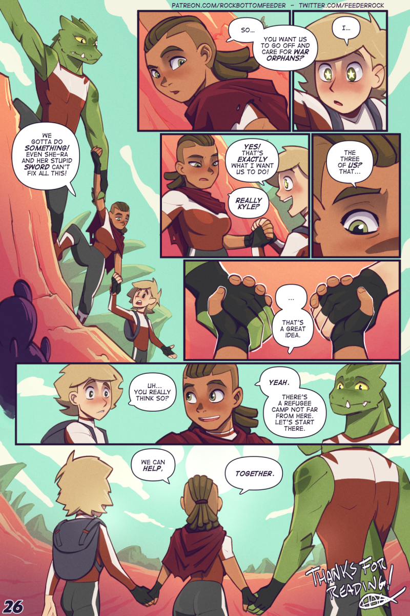 2:3 anthro comic dialogue english_text female green_body green_scales group hand_holding hi_res human kyle_(she-ra) lizard lonnie_(she-ra) male mammal polyamory reptile rockbottomfeeder rogelio scales scalie starry_eyes text