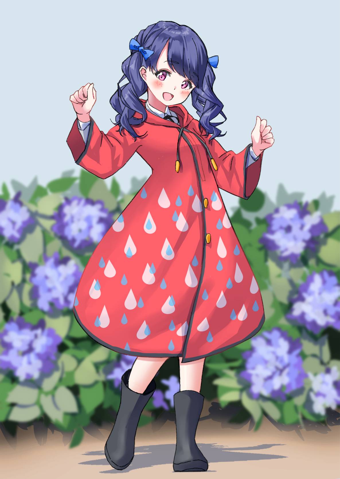 1girl bangs blue_hair blurry blurry_background blush boots clenched_hands coat collared_shirt darumaya_(azarasidesuyone) eyebrows_visible_through_hair flower fukumaru_koito highres hooded_coat idolmaster idolmaster_shiny_colors long_sleeves neck_ribbon open_mouth outdoors purple_eyes purple_flower raincoat raindrop_print red_coat ribbon rubber_boots shadow shirt twintails white_shirt