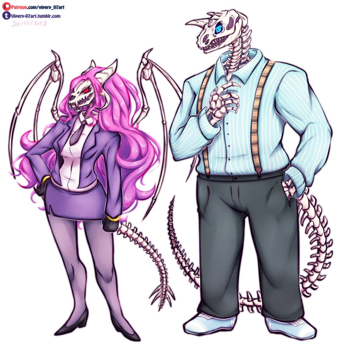 anthro blue_eyes bone breasts claws clothed clothing dragon duo fan_character fangs female gloves hair handwear horn male male/female open_mouth pink_hair red_eyes simple_background undead vipery-07 white_background wings