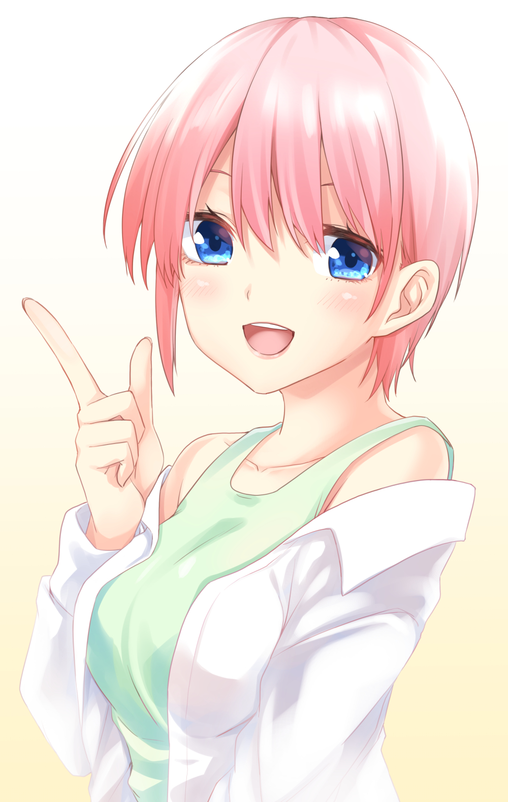 1girl :d bangs bare_shoulders blue_eyes blush breasts collarbone commentary_request go-toubun_no_hanayome gradient gradient_background green_tank_top hair_ornament hand_up highres index_finger_raised kue long_sleeves looking_at_viewer medium_breasts nakano_ichika off_shoulder open_clothes open_mouth open_shirt pink_hair shirt short_hair smile solo tank_top upper_body white_background white_shirt yellow_background