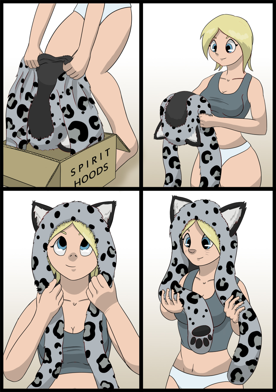 2012 animal_humanoid blonde_hair blue_eyes breasts clothing comic hair hat headgear headwear hi_res human human_to_feral humanoid mammal navel oter shirt simple_background smile species_transformation tank_top topwear transformation underwear whisker_growth whiskers white_background