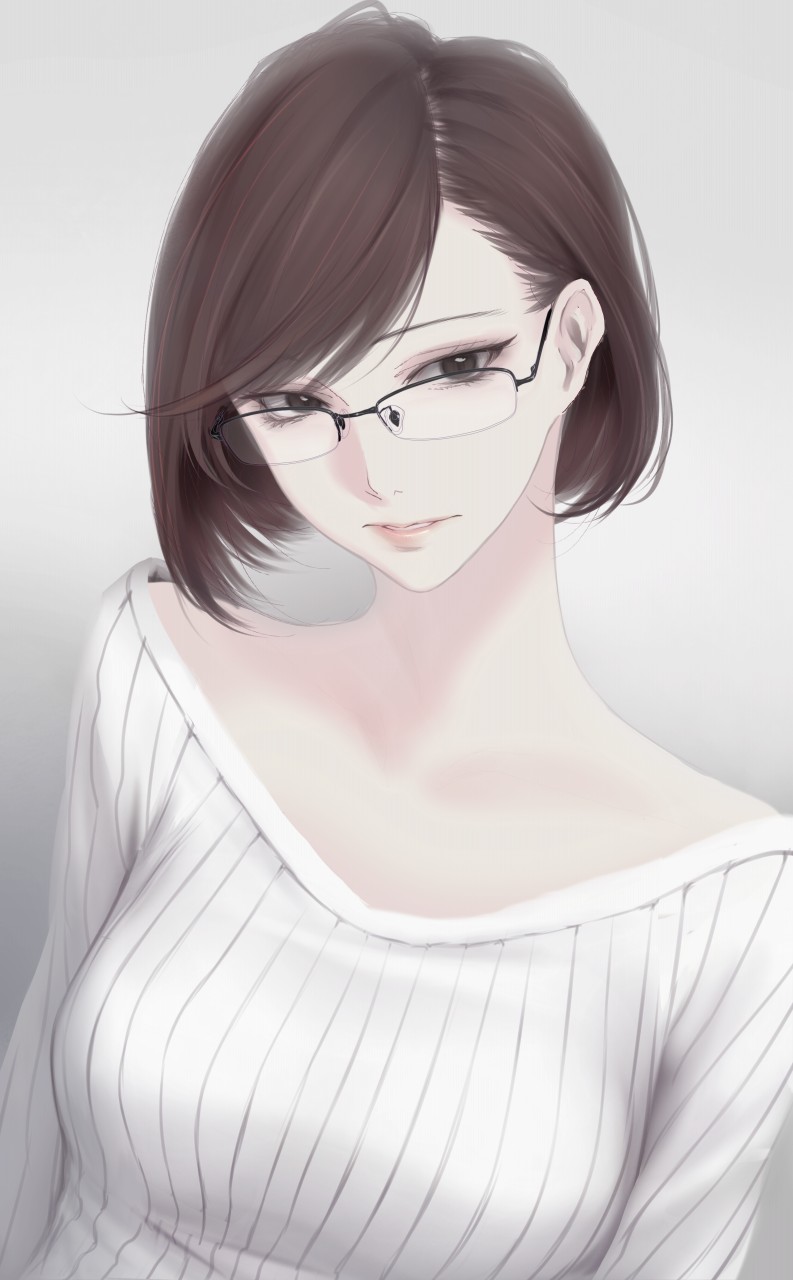 1girl brown_eyes brown_hair erise glasses grey_background highres lips looking_at_viewer original parted_lips ribbed_shirt shirt short_hair simple_background solo upper_body white_shirt