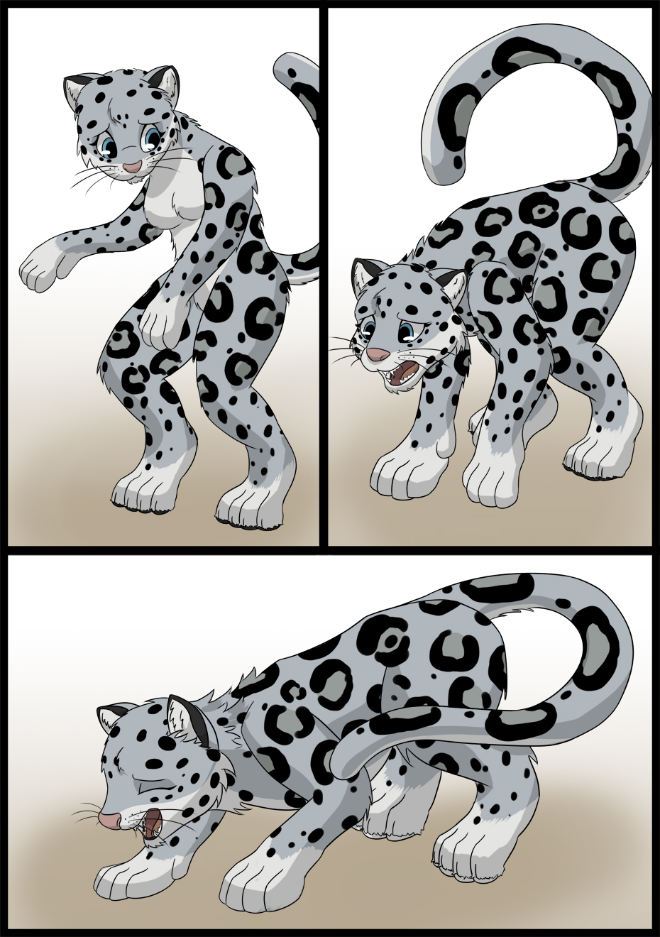2012 anthro blue_eyes breasts comic eyes_closed felid female feral fur grey_body grey_fur hi_res human_to_feral looking_down mammal naturally_censored open_mouth oter pantherine simple_background snow_leopard solo species_transformation spots transformation whiskers