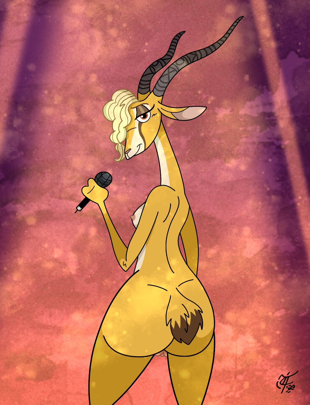 antelope anthro blonde_hair bovid breasts butt digital_media_(artwork) disney female fur gazelle gazelle_(zootopia) genitals hair hi_res horn looking_at_viewer mammal microphone nanger nipples nude orange_eyes pinup pose pussy simple_background solo true_antelope unclescooter zootopia