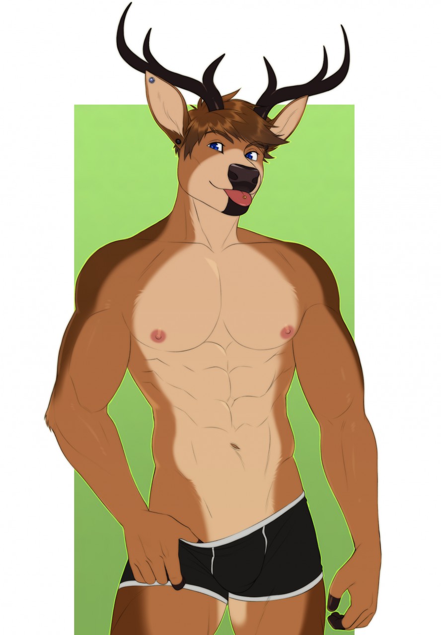 abs anthro antlers black_nose blue_eyes brown_body brown_fur brown_hair cervid cervine clothing ear_piercing fur hair hi_res horn looking_at_viewer male mammal mostly_nude muscular muscular_anthro muscular_male piercing riffraff666 solo standing tongue tongue_out tongue_piercing underwear