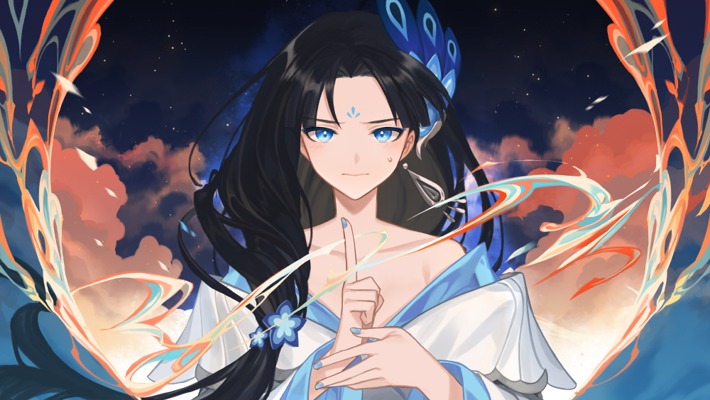 bangs bare_shoulders black_hair blue_eyes blue_nails character_request closed_mouth collarbone empew eyebrows forever_7th_capital hair_ornament long_hair looking_at_viewer nail_polish parted_bangs sky