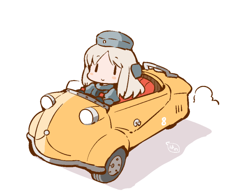 1girl blonde_hair car chibi driving eyebrows_visible_through_hair garrison_cap ground_vehicle hanomido hat kantai_collection long_hair long_sleeves looking_at_viewer motor_vehicle puffy_long_sleeves puffy_sleeves simple_background smile solo u-511_(kantai_collection) white_background