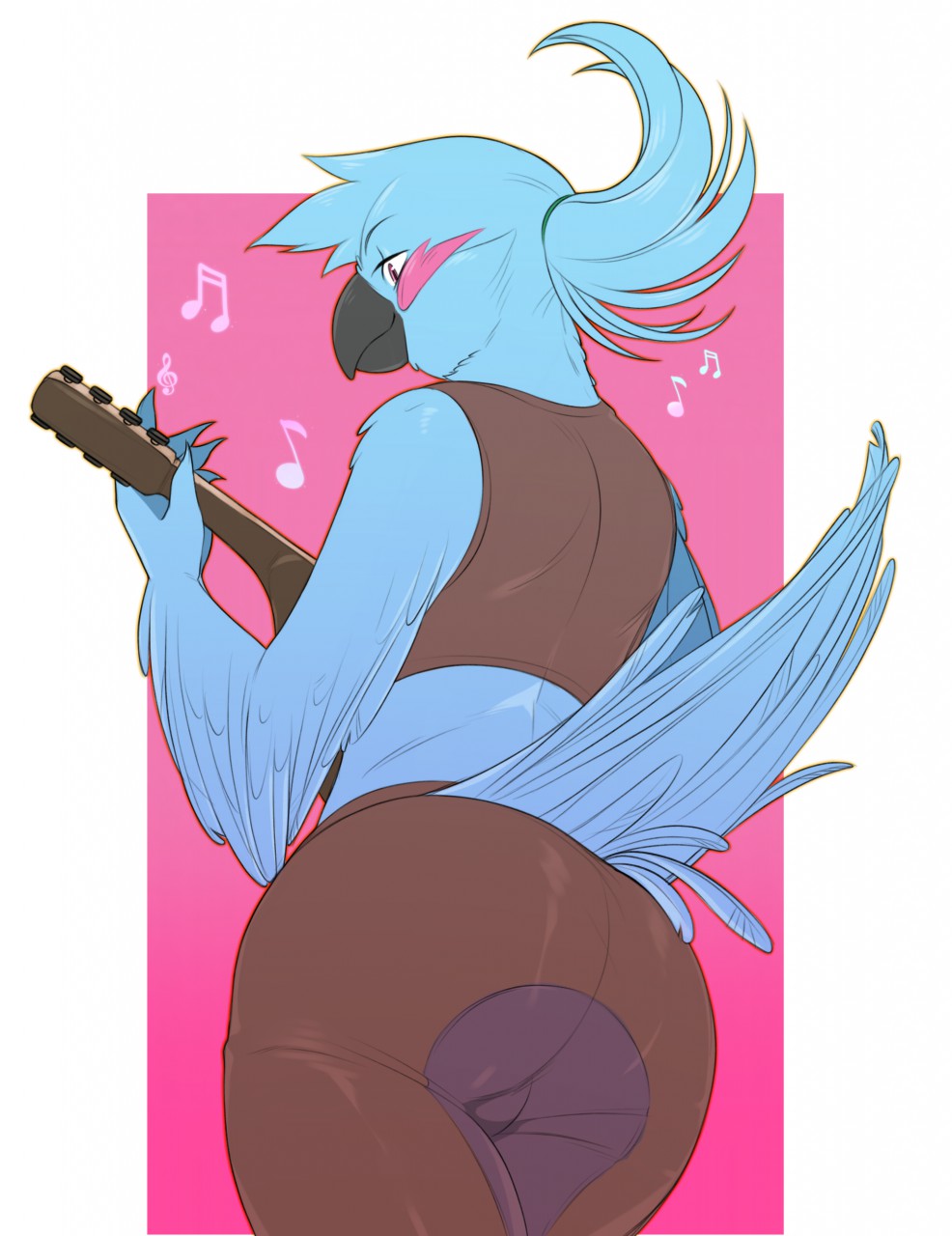 anthro avian beak big_butt bird black_beak blue_body blue_feathers butt clothed clothing feathers fully_clothed girly hi_res lute male music musical_instrument musical_note playing_music plucked_string_instrument riffraff666 solo string_instrument tail_feathers tight_clothing