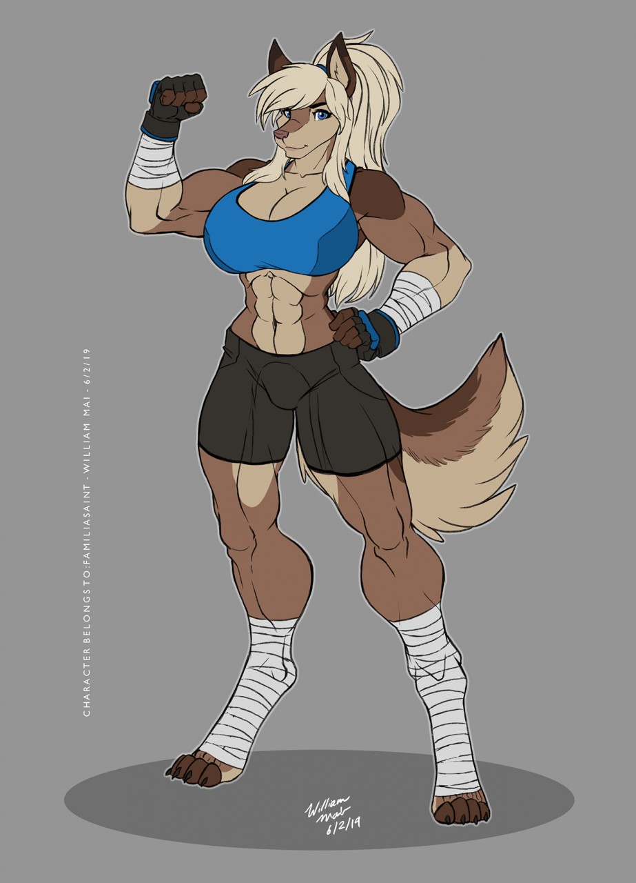 abs arm_wraps bandage blonde_hair blue_eyes bottomwear bra brown_body brown_fur canid canine canis clothing elnora_karkhov exercise female flexing flexing_bicep fluffy fluffy_tail foot_wraps fur gloves hair hand_wraps handwear hi_res leg_wrap mammal muscular muscular_arms muscular_female muscular_thighs ponytail shorts simple_background solo sports_bra sports_shorts tan_body tan_fur thick_thighs tight_bottomwear tight_clothing tight_shorts tight_topwear topwear underwear wmdiscovery93 wolf workout workout_clothing workout_outfit wraps