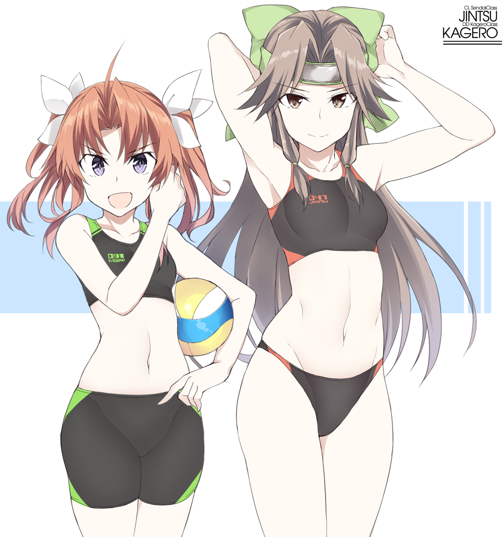 2girls :d alternate_costume ball breasts brown_eyes brown_hair character_name clothes_writing collarbone cowboy_shot eyebrows_visible_through_hair groin hair_intakes hair_rings half_updo jintsuu_(kantai_collection) kagerou_(kantai_collection) kantai_collection long_hair multiple_girls navel open_mouth purple_eyes remodel_(kantai_collection) ribbon small_breasts smile souji sports_bikini sportswear twintails v-shaped_eyebrows volleyball white_ribbon