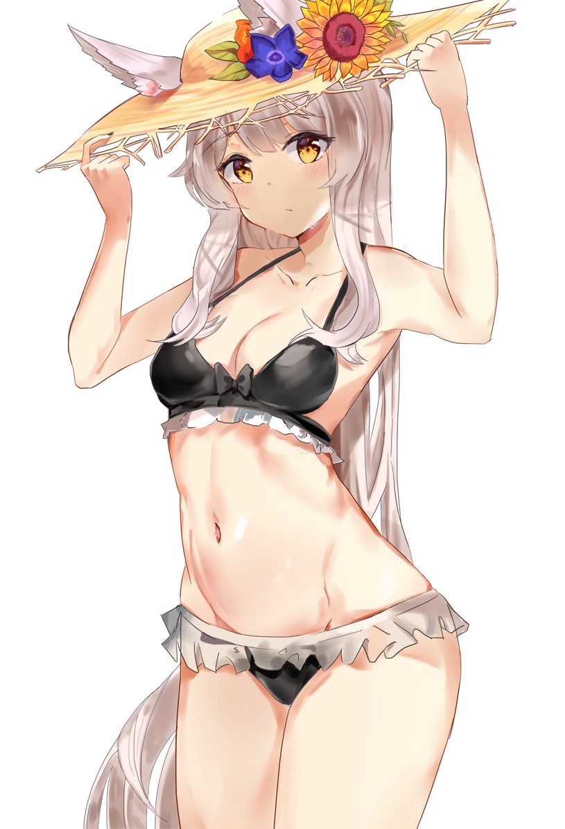 1girl animal_ears arknights bangs bare_arms bare_shoulders bikini black_bikini blue_flower blush breasts chinese_commentary cleavage collarbone commentary_request cowboy_shot ears_through_headwear flower groin hands_up hat hat_flower jsscj long_hair looking_at_viewer navel partial_commentary platinum_(arknights) silver_hair simple_background small_breasts solo standing stomach sun_hat sunflower swimsuit thighs very_long_hair white_background yellow_eyes