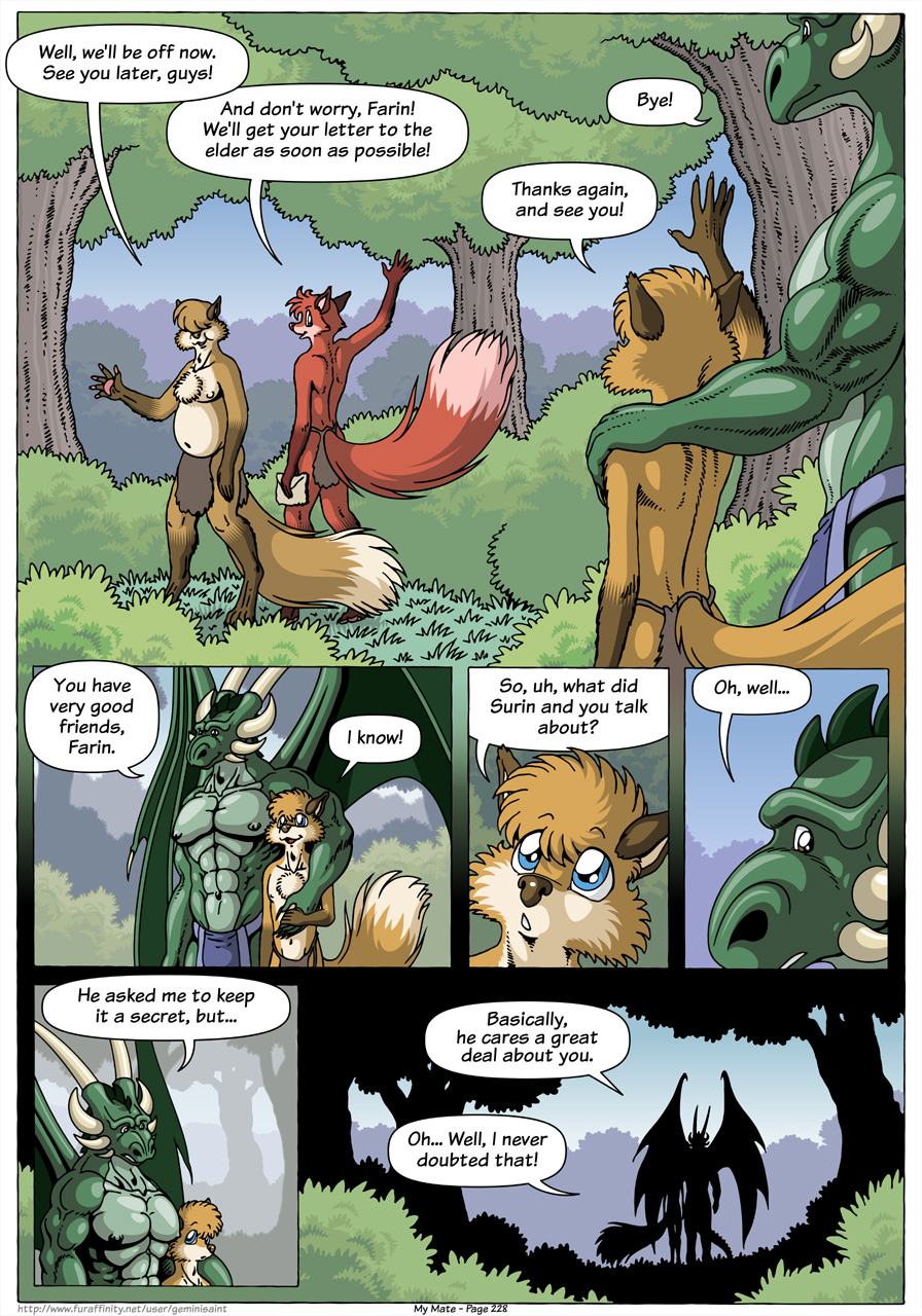 7:10 anthro biped blue_eyes bulge canid canine cheek_tuft chest_tuft clothed clothing comic day dialogue digital_media_(artwork) digitigrade dragon english_text eyes_covered facial_tuft farin forest fox fur geminisaint gesture grass green_body group half_naked hand_holding hand_on_shoulder head_tuft hi_res holding_object horn letter loincloth male male/male mammal membrane_(anatomy) membranous_wings multicolored_body muscular muscular_male navel nipples pawpads paws pecs plant porah red_body red_fur scalie sekk'ral shrub silhouette slightly_chubby speech_bubble standing surin tan_body tan_fur teeth text topless tree tuft two_tone_body waving wing_claws wings