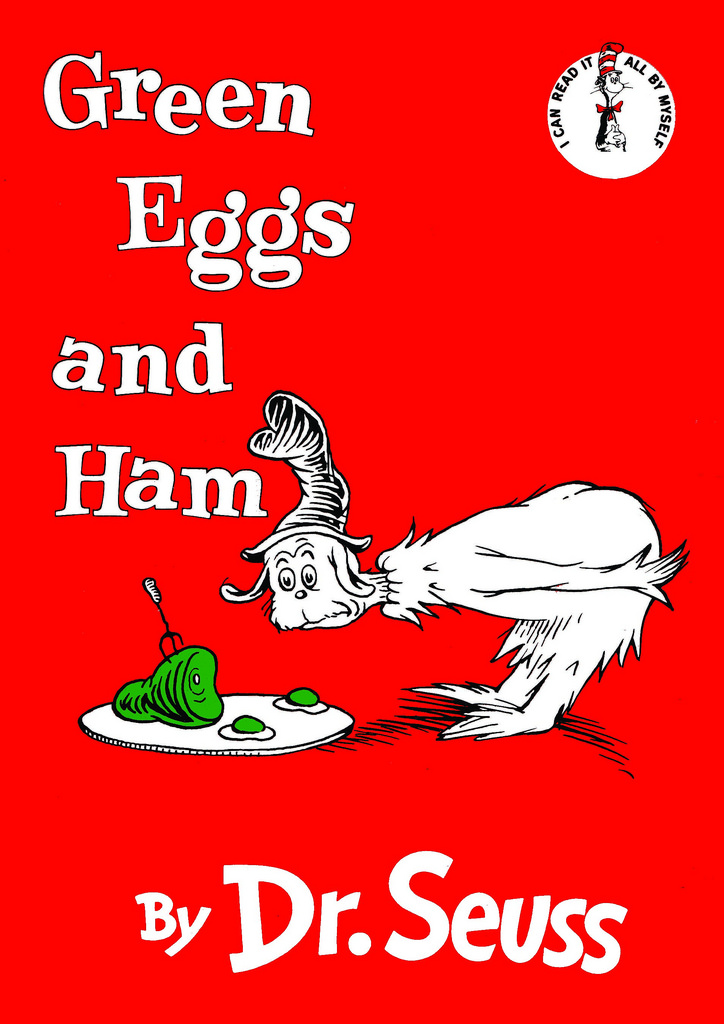 2013 anthro bent_over book_cover butt cat_in_the_hat clothing cover cutlery dr._seuss dr.seuss_(artist) egg english_text food fork fried_egg fur green_eggs_and_ham guy-am-i ham hat headgear headwear kitchen_utensils male mammal meat official_art orange_background plate pork reaction_image simple_background solo surprise text tools unknown_species what white_body white_fur why wide_eyed