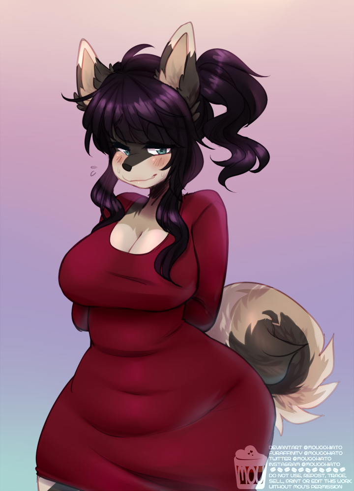 2019 anthro big_breasts black_nose blue_eyes blush bodily_fluids breasts brown_body brown_fur canid canine canis clothing curled_tail domestic_cat domestic_dog dress emanata felid feline felis female fluffy fluffy_tail form_fitting fur gradient_background grey_body grey_fur hair half-closed_eyes hands_behind_back hybrid long_hair looking_at_viewer mammal marta_dogcat moucchiato multicolored_body multicolored_fur narrowed_eyes ponytail purple_hair red_clothing red_dress side_ponytail simple_background solo sweat sweatdrop tan_body tan_fur text thick_thighs thigh_up url watermark
