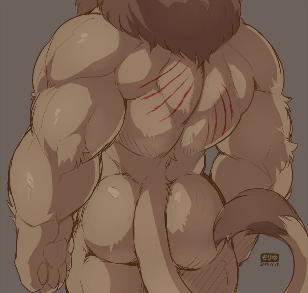 2019 anthro back_muscles biceps biped blood bodily_fluids brown_body brown_fur brown_mane brown_tail butt claw_marks digital_media_(artwork) faceless_male felid fingers fur giraffe_(artist) grey_background lion lion-san male mammal mane muscular muscular_anthro muscular_male nude pantherine rear_view restricted_palette scar simple_background solo standing tail_tuft tuft