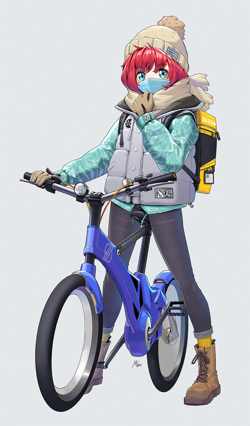 1girl backpack bag bangs bicycle bicycle_seat black_pants boots brown_footwear brown_gloves brown_scarf coat commentary_request eyebrows_visible_through_hair gloves grey_background grey_eyes grey_jacket ground_vehicle highres jacket long_sleeves looking_at_viewer masin0201 mask mouth_mask orange_legwear original pants red_hair scarf short_hair signature simple_background solo standing winter_clothes winter_coat yellow_bag