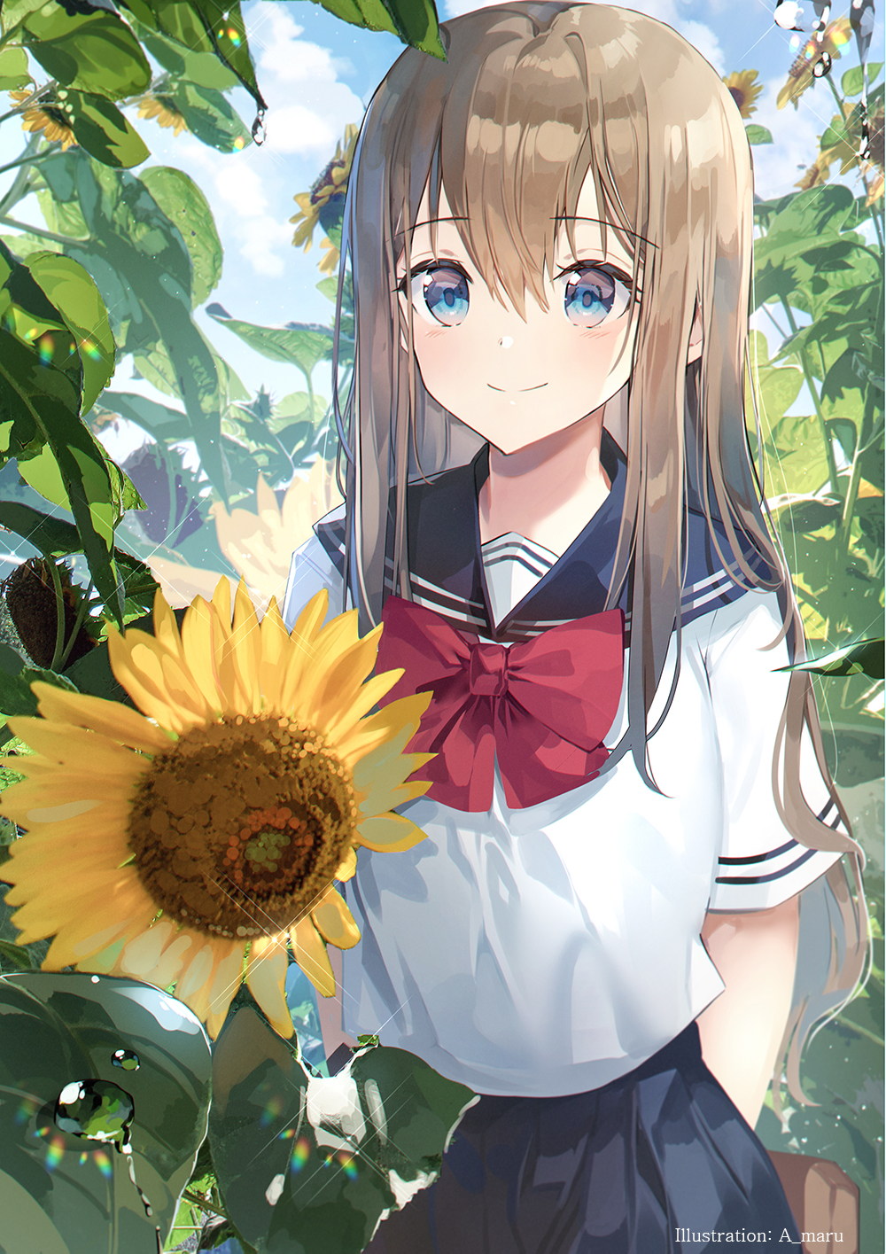 1girl arms_behind_back artist_name bangs black_sailor_collar black_skirt blue_eyes blue_sky blush bow brown_hair closed_mouth cloud cloudy_sky commentary_request day eyebrows_visible_through_hair flower hair_between_eyes highres long_hair looking_at_viewer original outdoors plant pleated_skirt red_bow sailor_collar school_uniform serafuku shirt short_sleeves skirt sky smile solo summer sunflower unity_(ekvmsp02) water_drop white_shirt