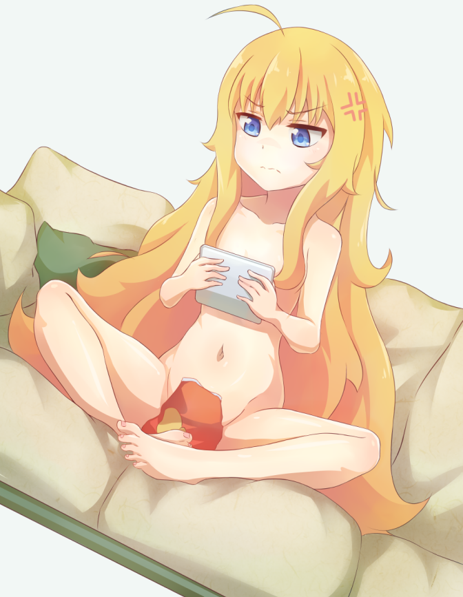 1girl ahoge anger_vein bag_of_chips bangs barefoot blonde_hair blue_eyes chinese_commentary closed_mouth collarbone commentary_request convenient_censoring couch daxieshen_huashi dutch_angle eyebrows_visible_through_hair gabriel_dropout grey_background groin hair_between_eyes holding long_hair navel nude on_couch pillow simple_background sitting solo tenma_gabriel_white very_long_hair wavy_mouth