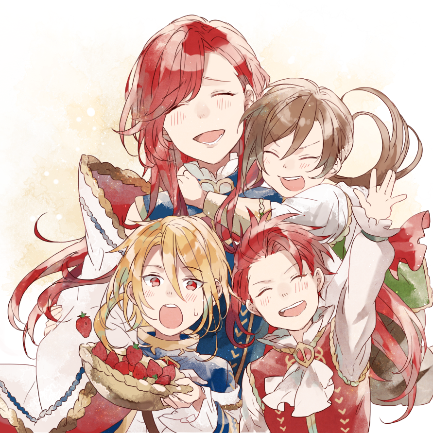 1girl 3boys aglovale_(granblue_fantasy) blonde_hair blush brothers brown_hair closed_eyes family food fruit granblue_fantasy herzeloyde_(granblue_fantasy) hug lamorak_(granblue_fantasy) long_hair mother_and_son multiple_boys open_mouth percival_(granblue_fantasy) red_eyes red_hair siblings smile strawberry waltz_(tram) younger