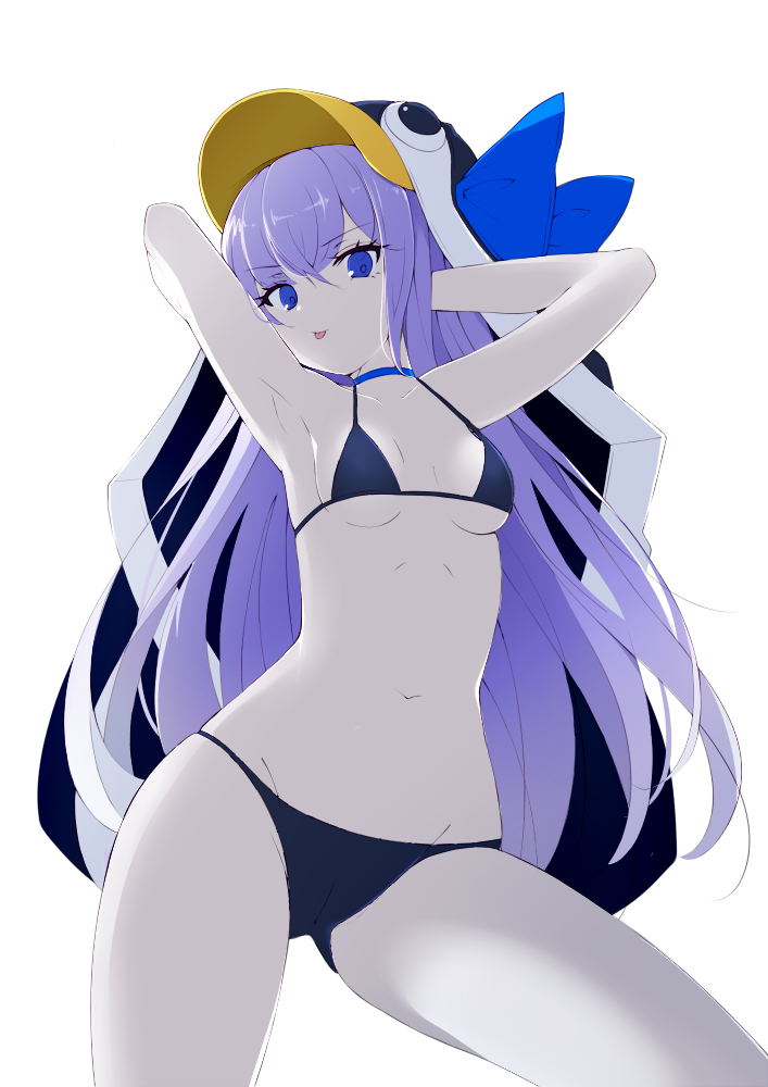 1girl animal_costume armpits arms_behind_head arms_up banned_artist bare_arms bare_shoulders blue_choker blue_eyes breasts cameltoe choker fate/grand_order fate_(series) groin halter_top halterneck long_hair looking_at_viewer meltryllis meltryllis_(swimsuit_lancer)_(fate) navel penguin_costume purple_hair sana_hamada small_breasts solo stomach strap_gap string_bikini thighs tongue tongue_out transparent_background very_long_hair