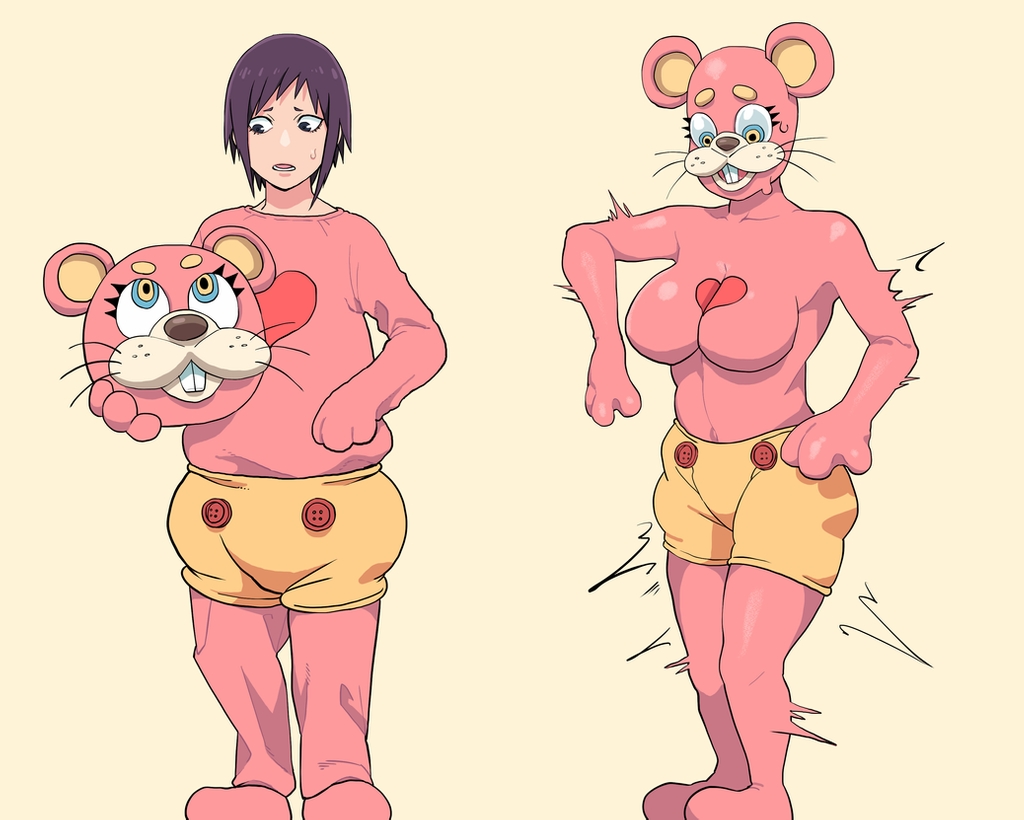 2020 anthro before_and_after black_hair breast_growth breasts duo female gender_transformation hair human human_to_anthro living_clothing male mammal menma911 mtf_transformation pink_body simple_background species_transformation suit_transformation surprise transformation ursid whiskers