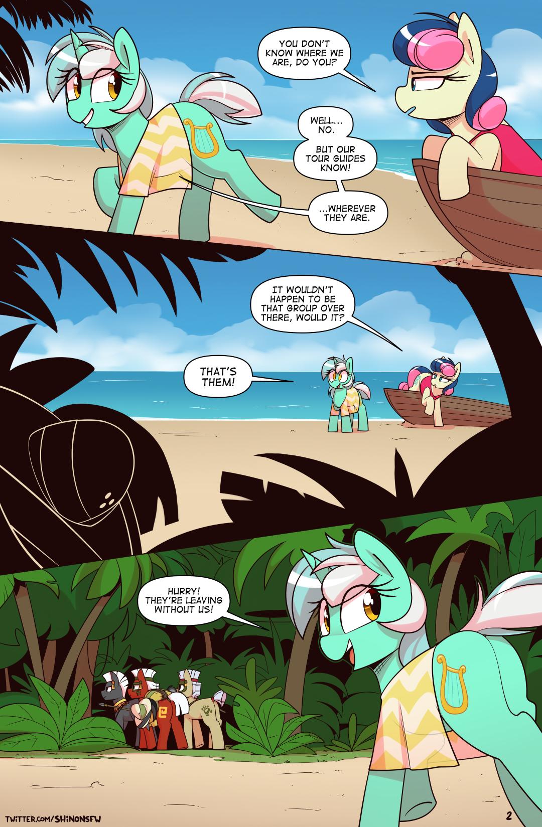 beach blue_eyes blue_hair boat bonbon_(mlp) butt clothing cloud comic cutie_mark dialogue duo ear_piercing ear_ring english_text equid equine female feral friendship_is_magic fur green_body green_fur green_horn grey_body grey_fur group hair hasbro hi_res horn horse looking_at_another looking_back lyra_heartstrings_(mlp) mammal markings melee_weapon multicolored_hair my_little_pony open_mouth outside piercing pink_hair plant polearm pony red_body red_fur sand seaside shinodage smile spear speech_bubble text tree two_tone_hair unicorn url vehicle walking watercraft weapon white_hair yellow_body yellow_eyes yellow_fur