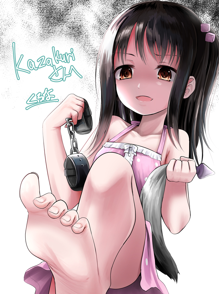 1girl adachi_tenka anal_tail bare_legs bare_shoulders black_hair brown_eyes chain cuffs dress fake_tail feet hair_ornament handcuffs kurona open_mouth pink_dress shoujo_ramune side_ponytail smile solo tail