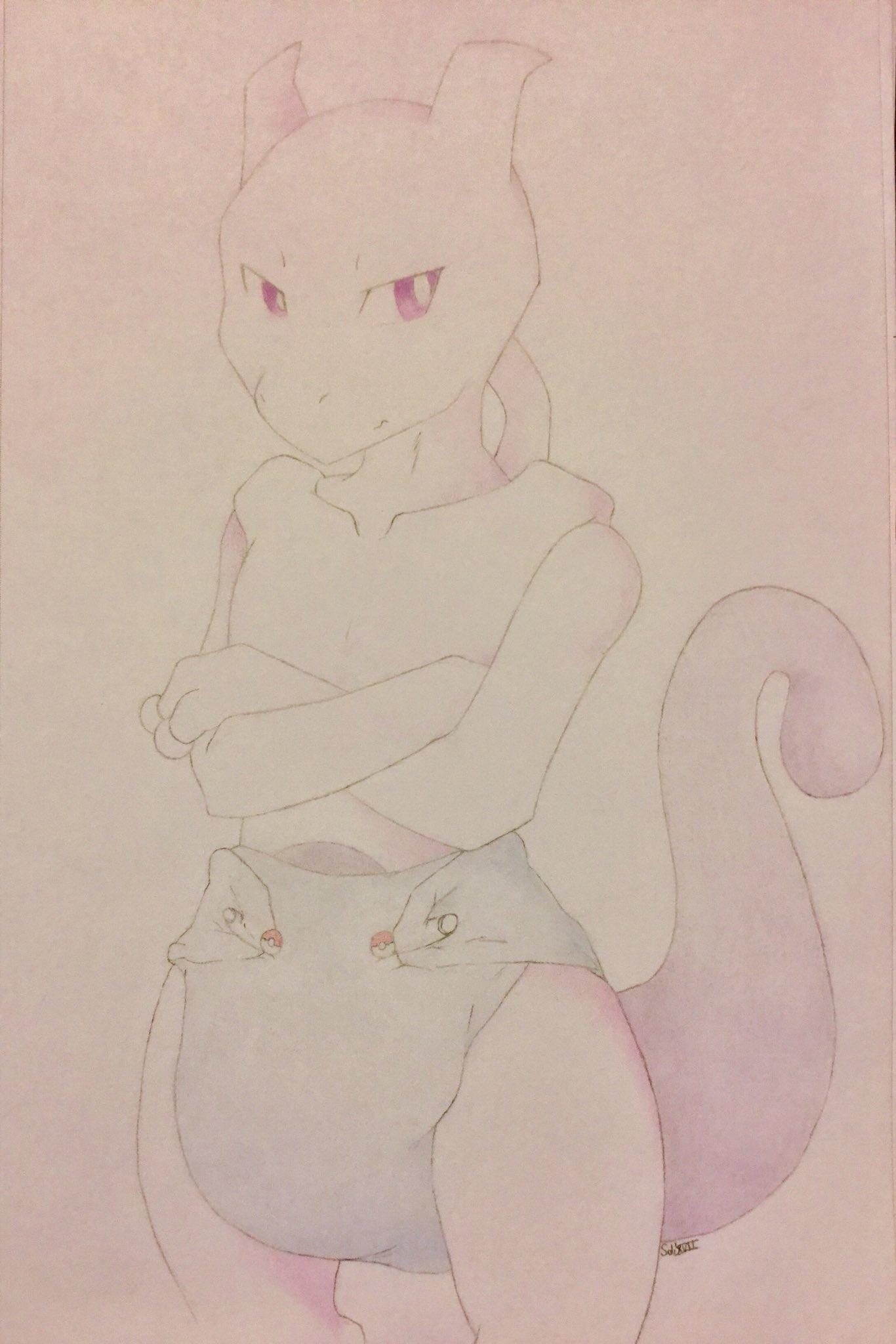 2018 anthro cloth_diaper crossed_arms diaper hi_res kosyuon legendary_pok&eacute;mon looking_at_viewer mewtwo nintendo pok&eacute;mon pok&eacute;mon_(species) purple_eyes solo standing traditional_media_(artwork) video_games white_body