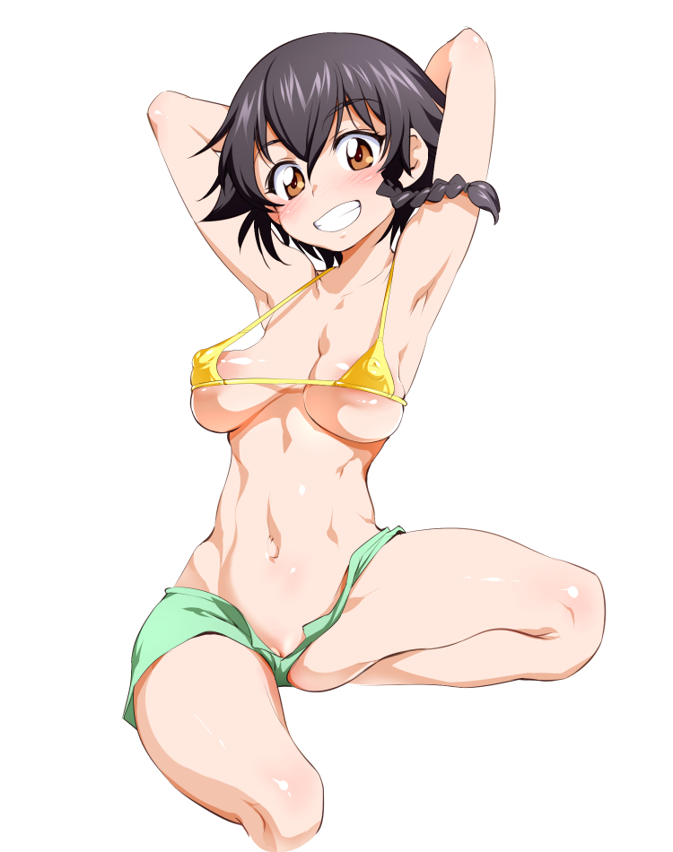 1girl armpits arms_behind_head arms_up bangs barefoot bikini bikini_bottom bikini_shorts bikini_top black_hair braid breasts brown_eyes eyebrows_visible_through_hair funnyari girls_und_panzer green_bikini grin groin looking_at_viewer md5_mismatch medium_breasts mismatched_bikini navel pepperoni_(girls_und_panzer) short_hair shorts side_braid signature sitting skinny smile solo spread_legs swimsuit white_background yellow_bikini