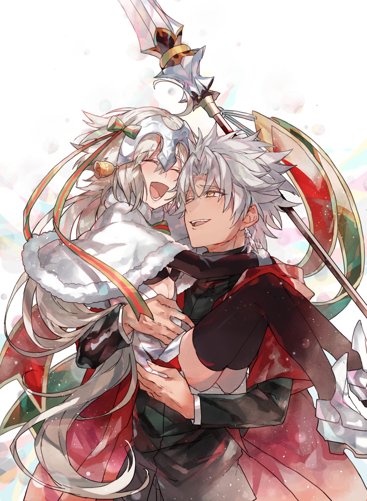 1boy 1girl :d absurdly_long_hair amakusa_shirou_(fate) ankle_boots bell black_bra black_jacket black_legwear boots bra capelet carrying character_request diadem earrings fate/grand_order fate_(series) fur-trimmed_capelet fur_trim grey_hair habit hair_bell hair_ornament happy_tears high_heel_boots high_heels highres holding holding_staff jacket jeanne_d'arc_(fate)_(all) jeanne_d'arc_alter_santa_lily jewelry long_hair long_sleeves open_mouth princess_carry smile staff tears thighhighs underwear very_long_hair waltz_(tram) white_capelet