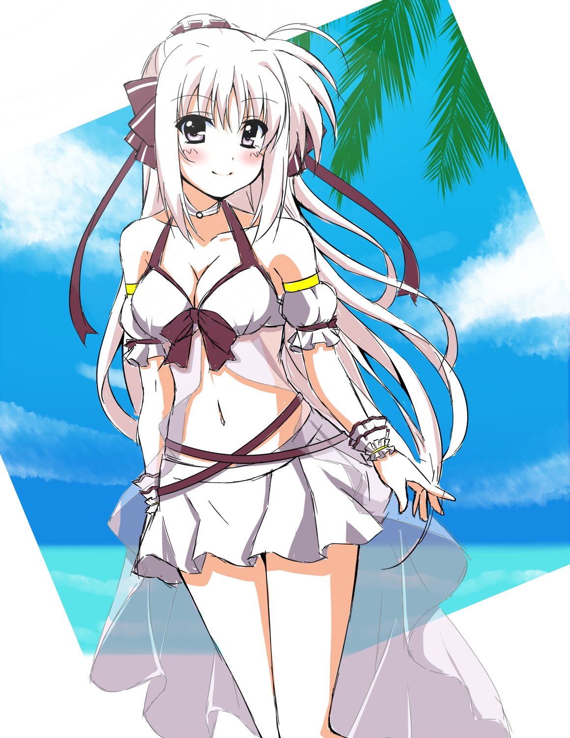 1girl bangs bikini bikini_skirt black_bow black_ribbon blue_sky bow bow_bikini breasts choker cleavage closed_mouth cloud cloudy_sky commentary day eyebrows_visible_through_hair frilled_armband frilled_cuffs hair_bow hair_ribbon highres horizon long_hair looking_at_viewer lyrical_nanoha medium_breasts navel ocean outdoors palm_tree purple_eyes ribbon rinne_berlinetta sidelocks silver_hair sky smile solo standing swimsuit tree vivid_strike! white_bikini white_choker yorousa_(yoroiusagi)