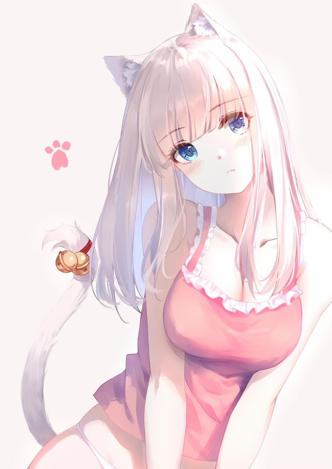 1girl animal_ear_fluff animal_ears bangs bare_arms bare_shoulders bell blue_eyes blunt_bangs blush breasts caidychen cat_ears cleavage closed_mouth collarbone commentary eyebrows_visible_through_hair frilled_straps frills head_tilt highres jingle_bell large_breasts leaning_to_the_side light_frown long_hair looking_at_viewer midriff no_pants original pale_skin panties paw_print pink_tank_top sleeveless solo straight_hair tail tail_bell tank_top underwear v_arms white_background white_hair white_panties