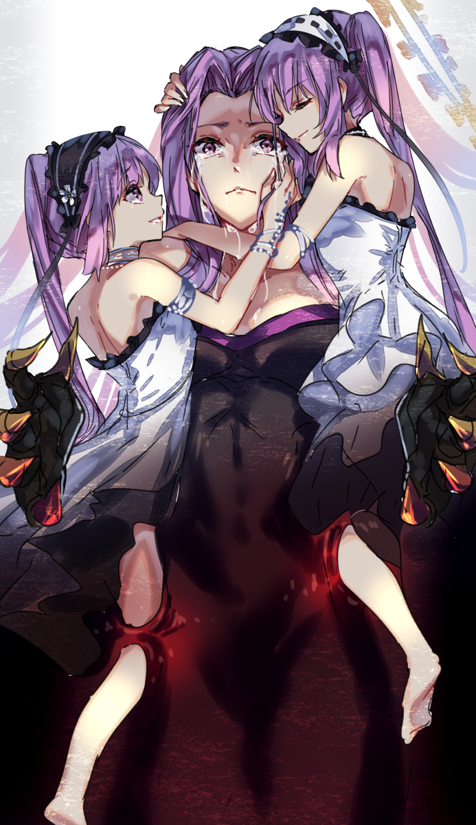 3girls bare_shoulders barefoot claws closed_eyes closed_mouth commentary_request crying crying_with_eyes_open dress euryale fate/grand_order fate/hollow_ataraxia fate_(series) frilled_hairband frills hairband headdress highres holding_another holding_another's_head lolita_hairband long_hair looking_at_another multiple_girls pink_lips purple_eyes purple_hair ribbon-trimmed_hairband rider siblings sisters stheno strapless strapless_dress tears twins twintails white_dress zeromomo