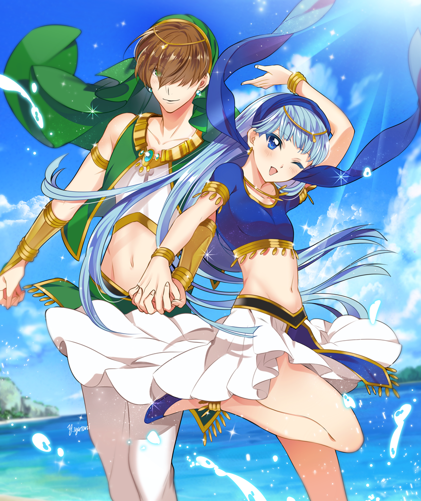 2girls ;d androgynous arm_up ascot_(rayearth) blue_eyes blue_hair blush bracelet breasts brown_hair collarbone crop_top earrings eyes_visible_through_hair flat_chest floating_hair genderswap genderswap_(mtf) green_eyes groin hair_over_one_eye head_tilt holding_hands interlocked_fingers iyutani jewelry long_hair looking_at_viewer magic_knight_rayearth marine_day midriff miniskirt multiple_girls navel ocean one_eye_closed open_mouth pleated_skirt ryuuzaki_umi shiny shiny_hair short_hair skirt small_breasts smile stomach very_long_hair white_skirt