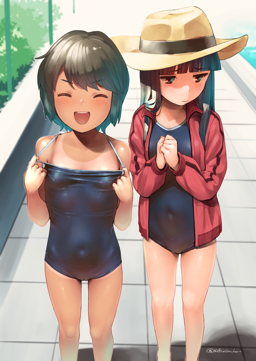 2girls alternate_costume bangs bare_arms bare_legs bare_shoulders black_eyes black_hair blue_swimsuit blunt_bangs blush breasts collarbone commentary_request competition_school_swimsuit covered_navel day eyebrows_visible_through_hair hat hatsuyuki_(kantai_collection) highres jacket kantai_collection long_hair long_sleeves looking_at_viewer looking_to_the_side miyuki_(kantai_collection) multiple_girls one-piece_swimsuit one-piece_tan open_mouth outdoors pool poolside school_swimsuit shiden_(sashimi_no_wife) short_hair small_breasts smile sun_hat swimsuit swimsuit_pull swimsuit_under_clothes tan tanline twitter_username