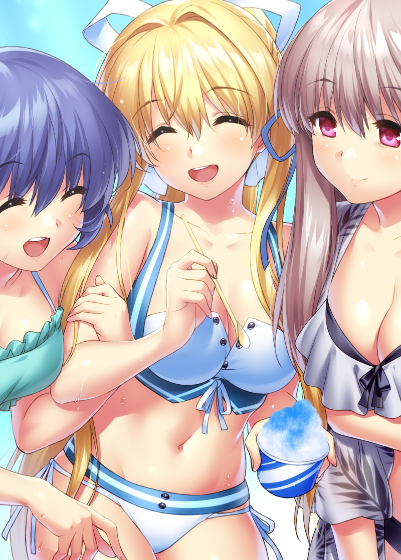 3girls air bikini blonde_hair blue_hair closed_eyes commentary_request cowboy_shot frilled_bikini frills green_bikini grey_hair kamio_misuzu kirishima_kano long_hair multiple_girls open_mouth red_eyes shaved_ice short_hair smile swimsuit toono_minagi upper_teeth white_bikini zen