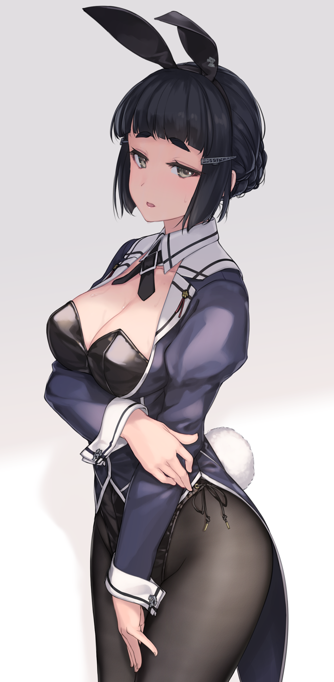 1girl adapted_costume animal_ears bangs black_hair black_legwear breasts brown_eyes bunny_ears bunny_tail bunnysuit cleavage fake_animal_ears grey_background hair_bun hair_ornament hairclip highres jacket kantai_collection large_breasts leotard long_sleeves myoukou_(kantai_collection) open_mouth pantyhose purple_jacket rokuwata_tomoe simple_background solo tail thick_eyebrows