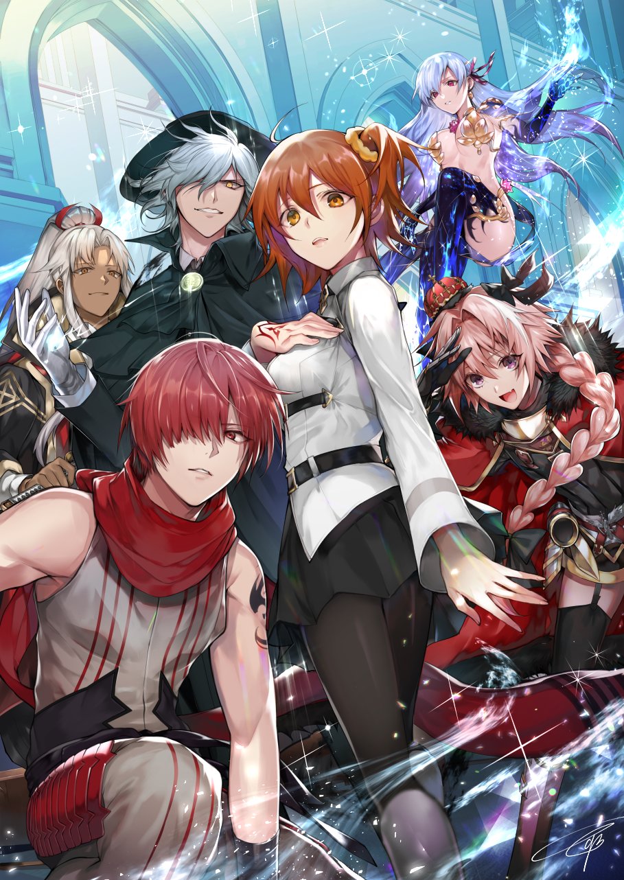 1girl 1other 4boys ahoge amakusa_shirou_(fate) astolfo_(fate) bangs bare_arms bare_shoulders black_legwear black_skirt boots bow braid breastplate breasts brown_eyes cape chaldea_uniform cloak command_spell copyright_name cover cover_page covered_navel crown dark_skin dark_skinned_male detached_sleeves dress earrings edmond_dantes_(fate/grand_order) emblem eyebrows_visible_through_hair fang fate/apocrypha fate/grand_order fate_(series) fedora floating floating_hair formal fujimaru_ritsuka_(female) fur-trimmed_cloak fur_collar fur_trim fuuma_kotarou_(fate/grand_order) gloves gorget gradient_hair green_headwear hair_between_eyes hair_bow hair_intakes hair_ornament hair_over_eyes hair_over_one_eye hair_ribbon hair_scrunchie hand_on_own_chest hat highres horns japanese_clothes jewelry kama_(fate/grand_order) katana long_braid long_hair long_sleeves looking_at_viewer multicolored_hair multiple_boys ninja official_art one_eye_covered open_mouth orange_eyes orange_hair pants pantyhose pencil_skirt pink_hair ponytail purple_eyes red_eyes red_hair red_scarf ribbon salute scarf scrunchie short_hair side_ponytail silver_hair single_braid single_horn skirt smile smirk sparkle streaked_hair suit sword tcb textless thigh_boots thighhighs tied_hair watermark wavy_hair weapon white_gloves white_hair yellow_eyes
