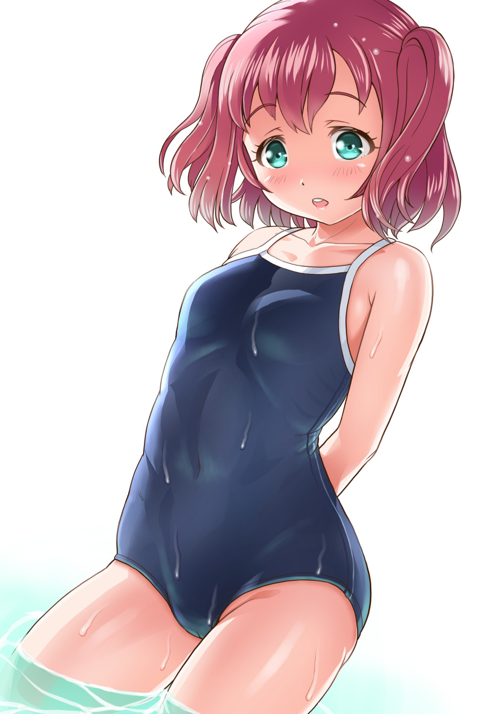 1girl aqua_eyes arms_behind_back bangs bare_arms bare_shoulders blue_swimsuit blush breasts cameltoe collarbone competition_school_swimsuit contrapposto covered_navel cowboy_shot embarrassed eyebrows_visible_through_hair gonta_(gshoutai) groin hair_between_eyes highres kurosawa_ruby looking_at_viewer love_live! love_live!_sunshine!! one-piece_swimsuit partially_submerged raised_eyebrows red_hair ribs skin_tight skindentation small_breasts solo spaghetti_strap surprised swimsuit tareme teeth two_side_up wading water wet wet_clothes wet_hair white_background