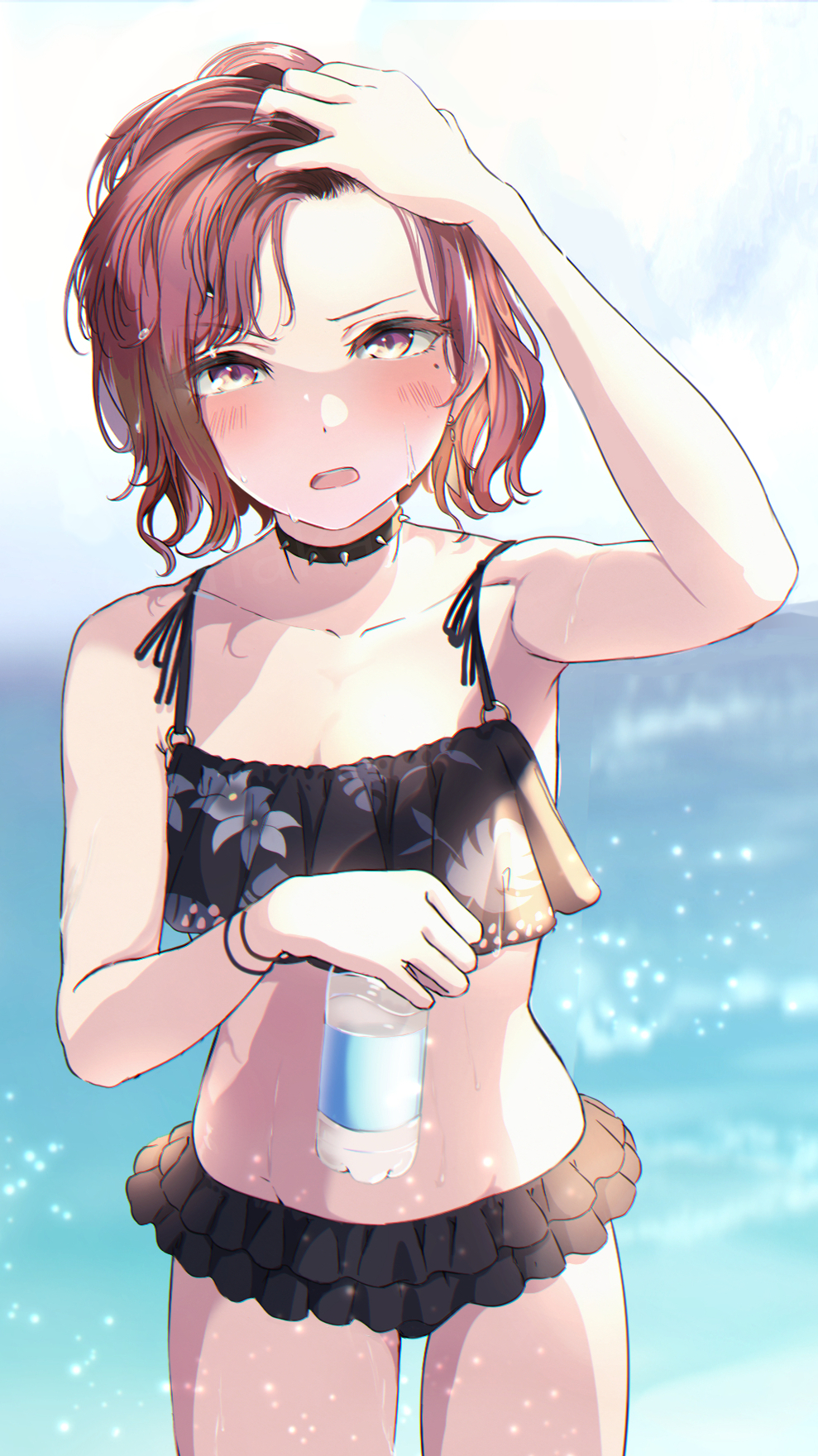 1girl :0 adjusting_hair arm_up armpits bangs bikibi bikini bikini_skirt black_bikini blurry blurry_background blush bottle breasts choker collarbone earrings hand_in_hair highres higuchi_madoka holding holding_bottle idolmaster idolmaster_shiny_colors jewelry looking_at_viewer mole mole_under_eye o-ring o-ring_bikini ocean open_mouth outdoors red_eyes shaka_(staito0515) short_hair sleeveless small_breasts solo spiked_choker spikes swimsuit tankini upper_teeth water_bottle wet wet_hair wristband