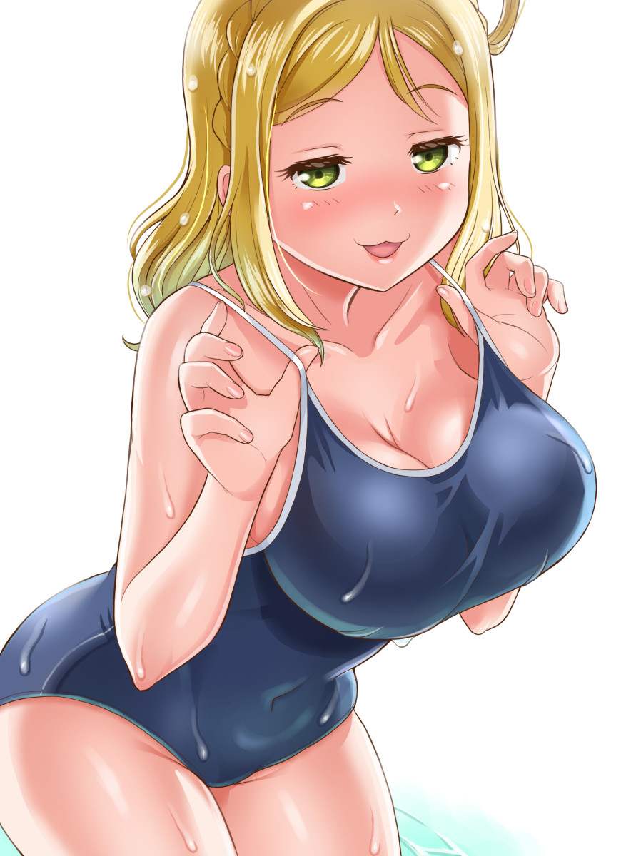 1girl :3 :d bare_arms bare_shoulders blonde_hair blue_swimsuit blush braid breasts cleavage collarbone competition_school_swimsuit covered_navel cowboy_shot crown_braid curvy eyebrows_visible_through_hair gonta_(gshoutai) groin hair_rings highres large_breasts leaning_forward looking_at_viewer love_live! love_live!_sunshine!! narrow_waist ohara_mari one-piece_swimsuit open_mouth partially_submerged pulled_by_self raised_eyebrows skin_tight skindentation smile smug solo spaghetti_strap swimsuit swimsuit_pull taut_clothes taut_swimsuit w_arms wading water wet wet_clothes wet_hair white_background wide_hips yellow_eyes