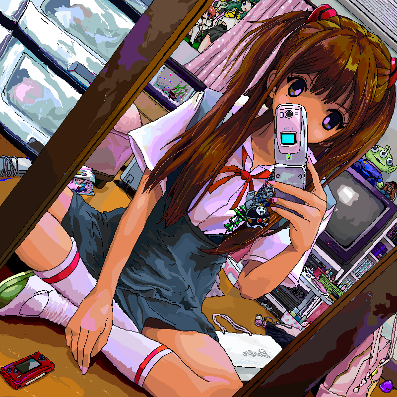 1girl ace_akira bag brown_hair cellphone charm_(object) commentary_request fingernails fish fish_tank flip_phone game_boy_micro hair_iron hand_on_leg handheld_game_console indian_style indoors kneehighs long_hair looking_at_viewer makeup messy_room mole mole_under_eye neck_ribbon original phone pink_bag pink_curtains pink_nails polka_dot polka_dot_curtains poster_(object) purple_eyes red_ribbon ribbon school_bag school_uniform self_shot shiny shiny_hair shirt short_sleeves sitting skirt solo television white_bag white_legwear white_polka_dots white_shirt